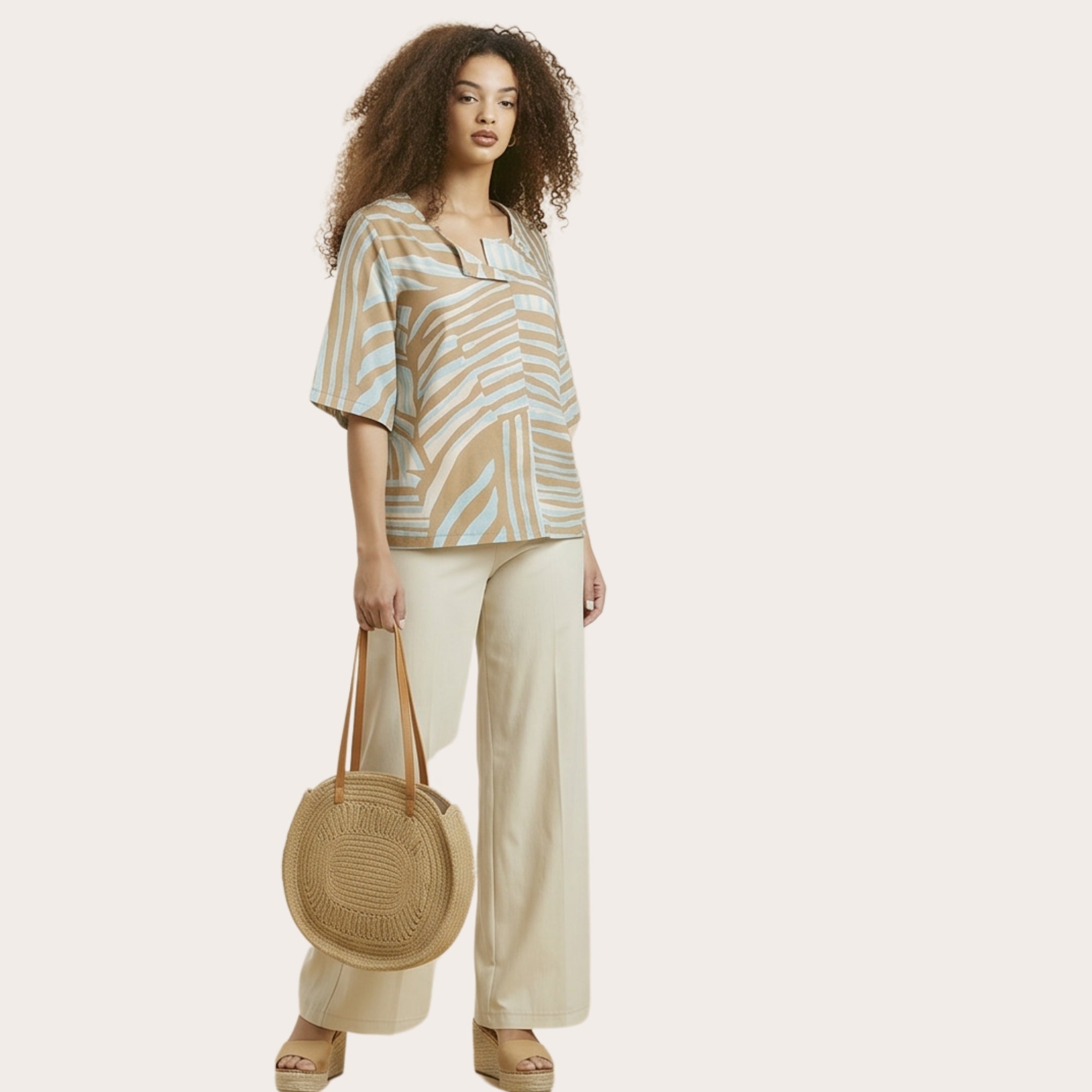 Maglia curvy mezza manica in cotone fantasia celeste/beige – modello svasato (MD406)