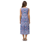 Abito estivo lungo in viscosa a stampa etnica bluette/bianco – modello curvy a spalla larga