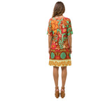 Abito estivo curvy in viscosa fantasia floreale arancio/verde – mezza manica, lunghezza caviglia