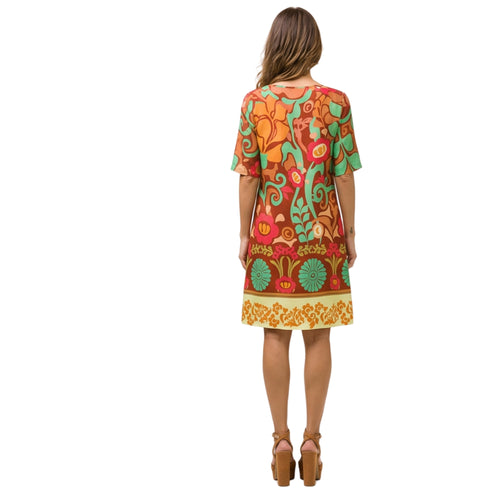 Abito estivo curvy in viscosa fantasia floreale arancio/verde – mezza manica, lunghezza caviglia