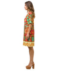 Abito estivo curvy in viscosa fantasia floreale arancio/verde – mezza manica, lunghezza caviglia