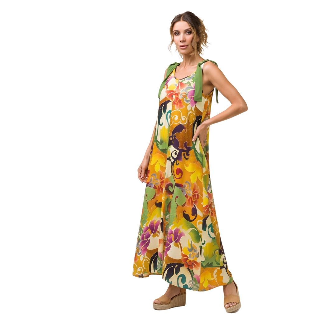 Abito estivo lungo in viscosa fantasia fiorata arancio/verde – modello curvy con foulard