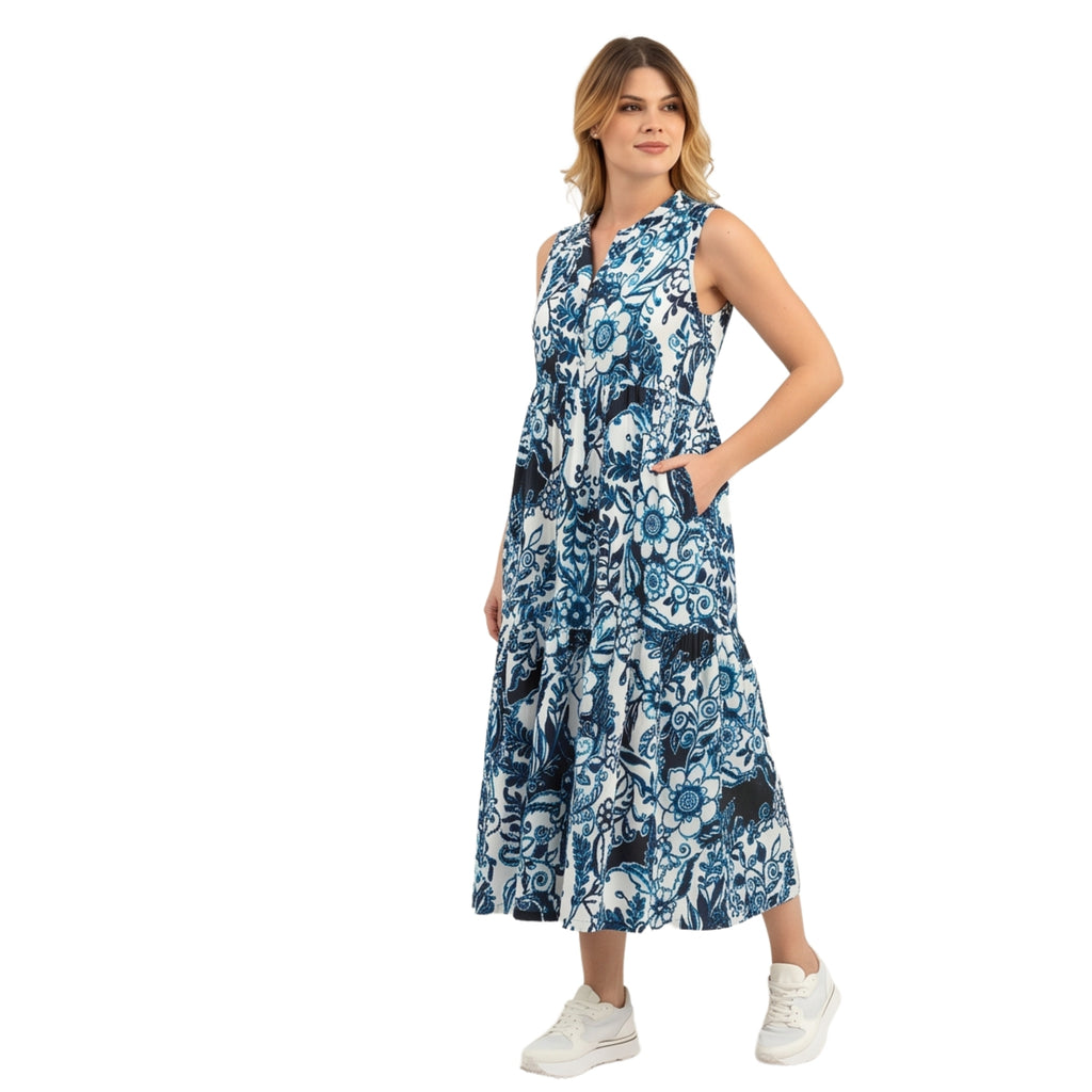Abito estivo lungo a balze in viscosa fantasia fiori bianco/blu – curvy senza maniche