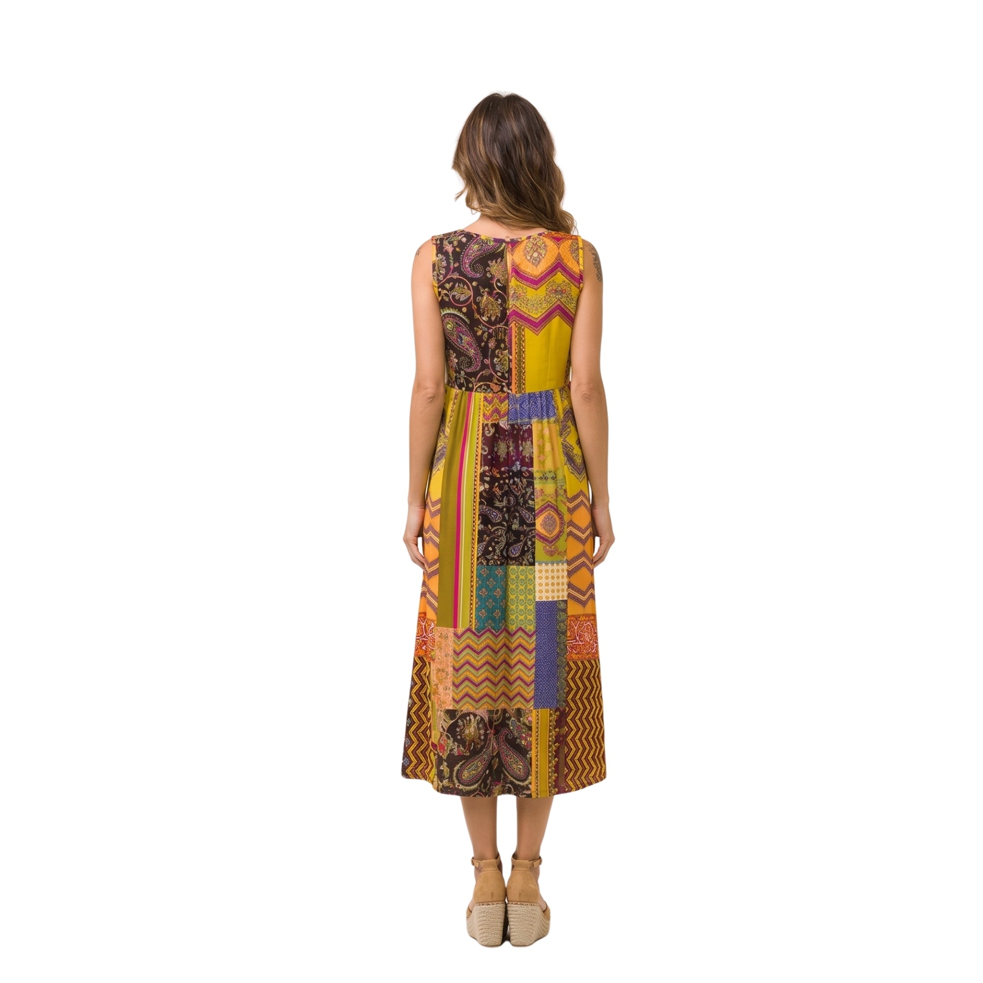 Abito estivo lungo in viscosa fantasia patchwork – spalla larga con bottoni frontali