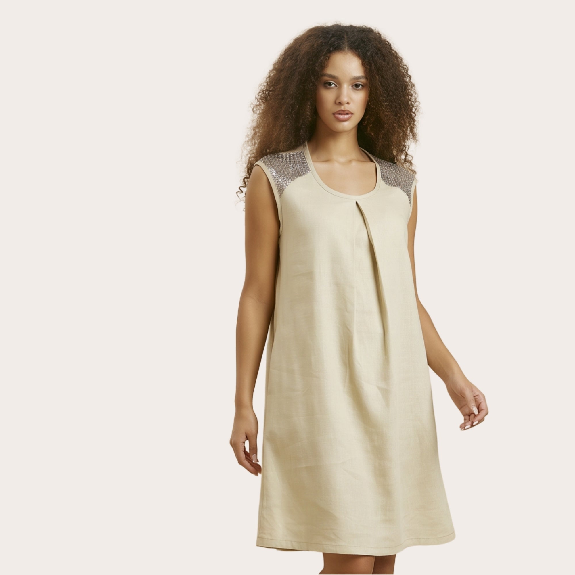 Abito estivo in lino e viscosa con paillettes oro – modello curvy a campana (a1200)