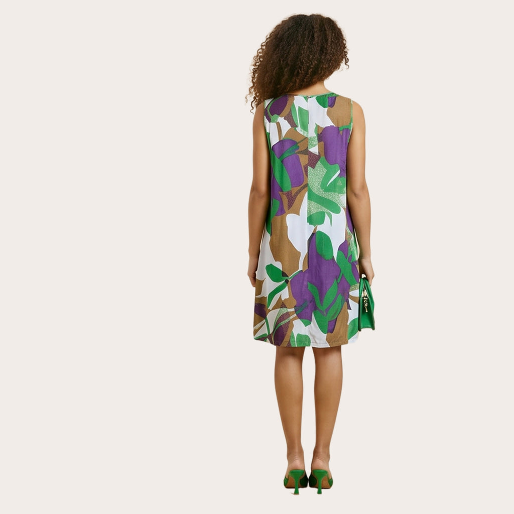 Abito estivo in viscosa fantasia verde/viola con paillettes oro – modello curvy ampio (a1204)