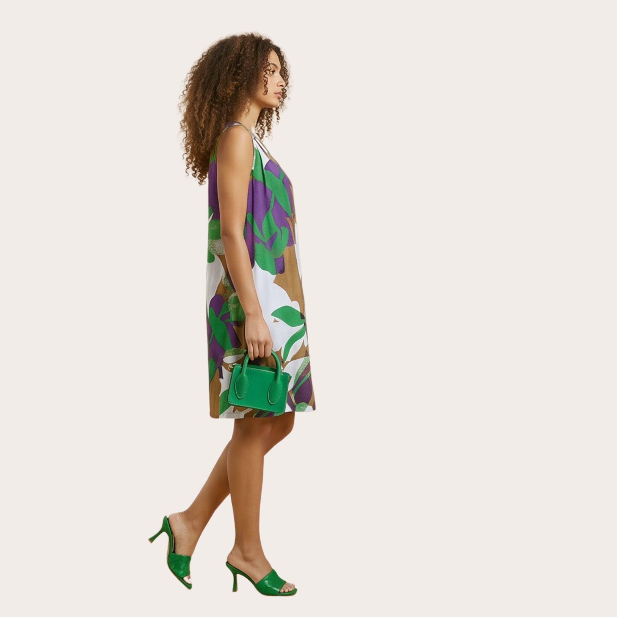 Abito estivo in viscosa fantasia verde/viola con paillettes oro – modello curvy ampio (a1204)