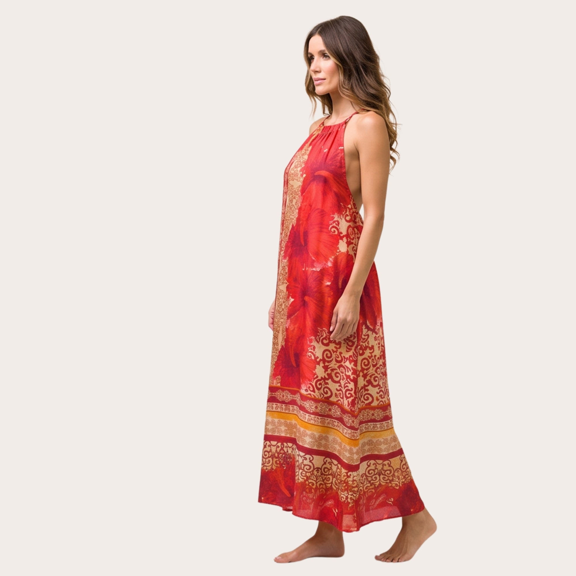 Titolo prodotto/SEO Abito estivo lungo in viscosa fantasia floreale rosso – curvy con bretellina