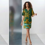 Abito estivo sacchetto in viscosa fantasia floreale verde/bronzo – curvy con manica