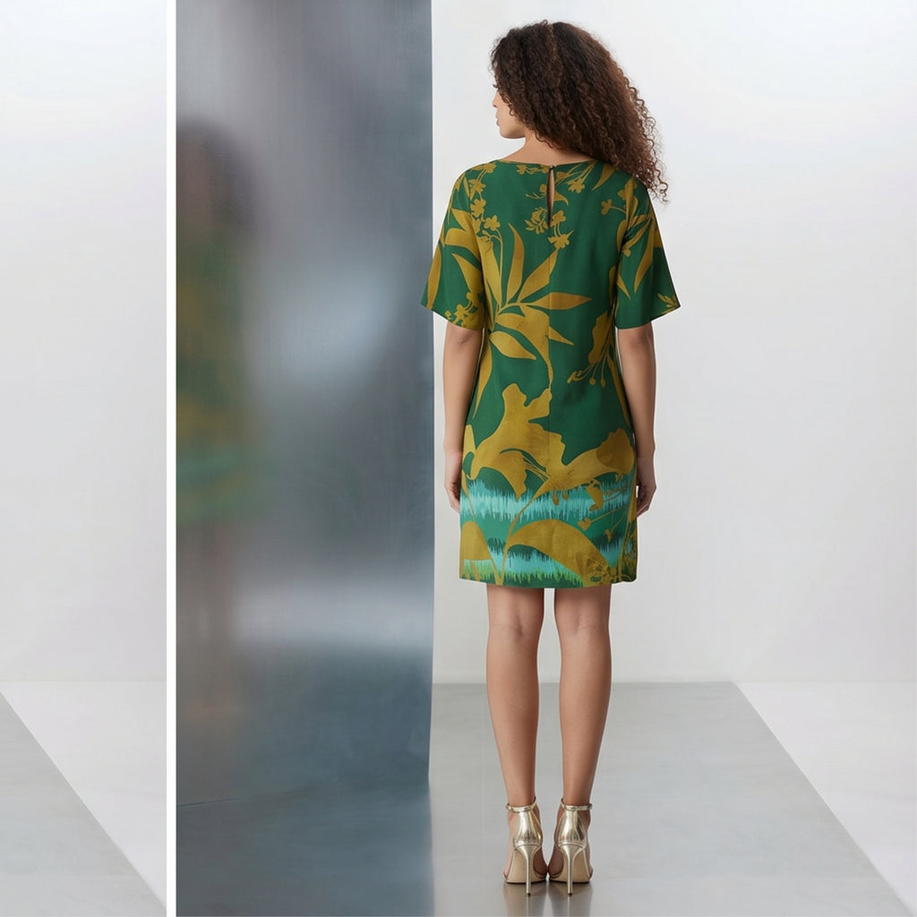 Abito estivo sacchetto in viscosa fantasia floreale verde/bronzo – curvy con manica