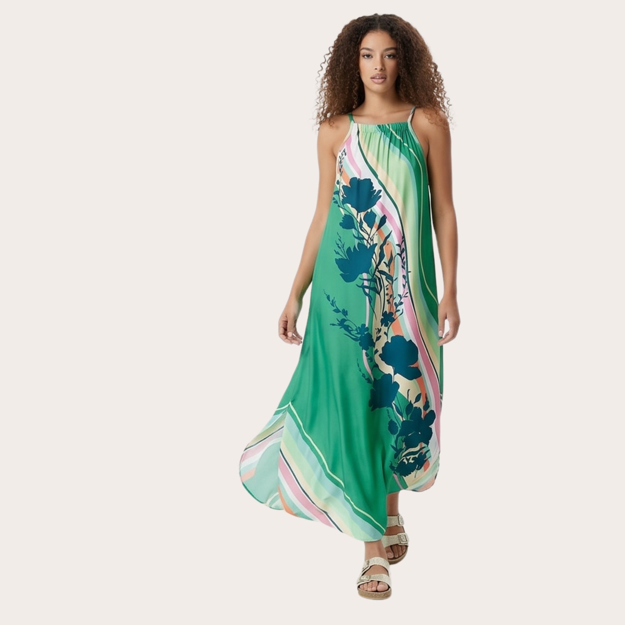 Abito estivo lungo in viscosa fantasia floreale verde con spacco laterale – curvy (AL138)