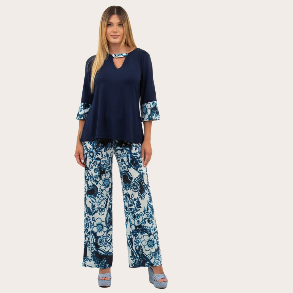 Pantalone palazzo in viscosa fantasia fiorata blu -curvy con elastico in vita