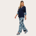 Pantalone palazzo in viscosa fantasia fiorata blu -curvy con elastico in vita