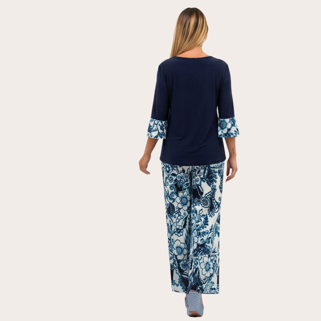 Pantalone palazzo in viscosa fantasia fiorata blu -curvy con elastico in vita
