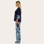 Pantalone palazzo in viscosa fantasia fiorata blu -curvy con elastico in vita