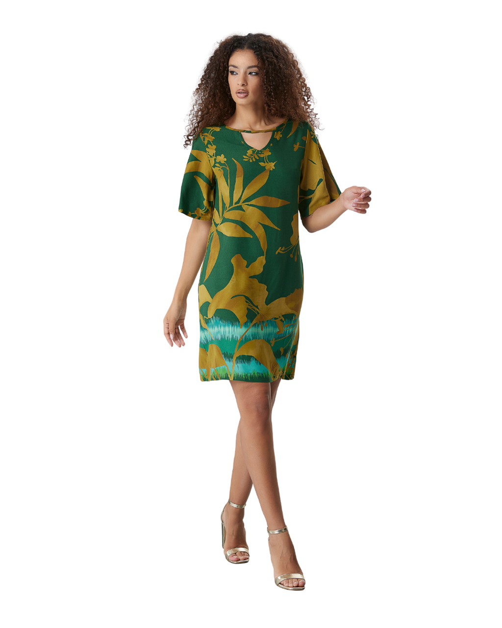 Abito estivo sacchetto in viscosa fantasia floreale verde/bronzo – curvy con manica