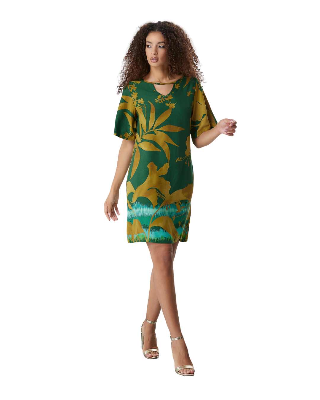 Abito estivo sacchetto in viscosa fantasia floreale verde/bronzo – curvy con manica