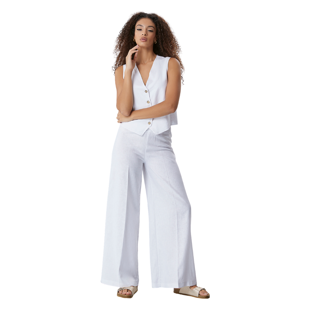 Pantalone estivo lungo in lino e viscosa – modello curvy scampanato con elastico (PV02)