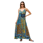 Abito estivo lungo in viscosa fantasia patchwork cachemire oro/blu – curvy a bretellina