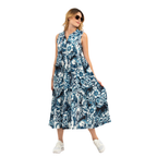 Abito estivo lungo a balze in viscosa fantasia fiori bianco/blu – curvy senza maniche