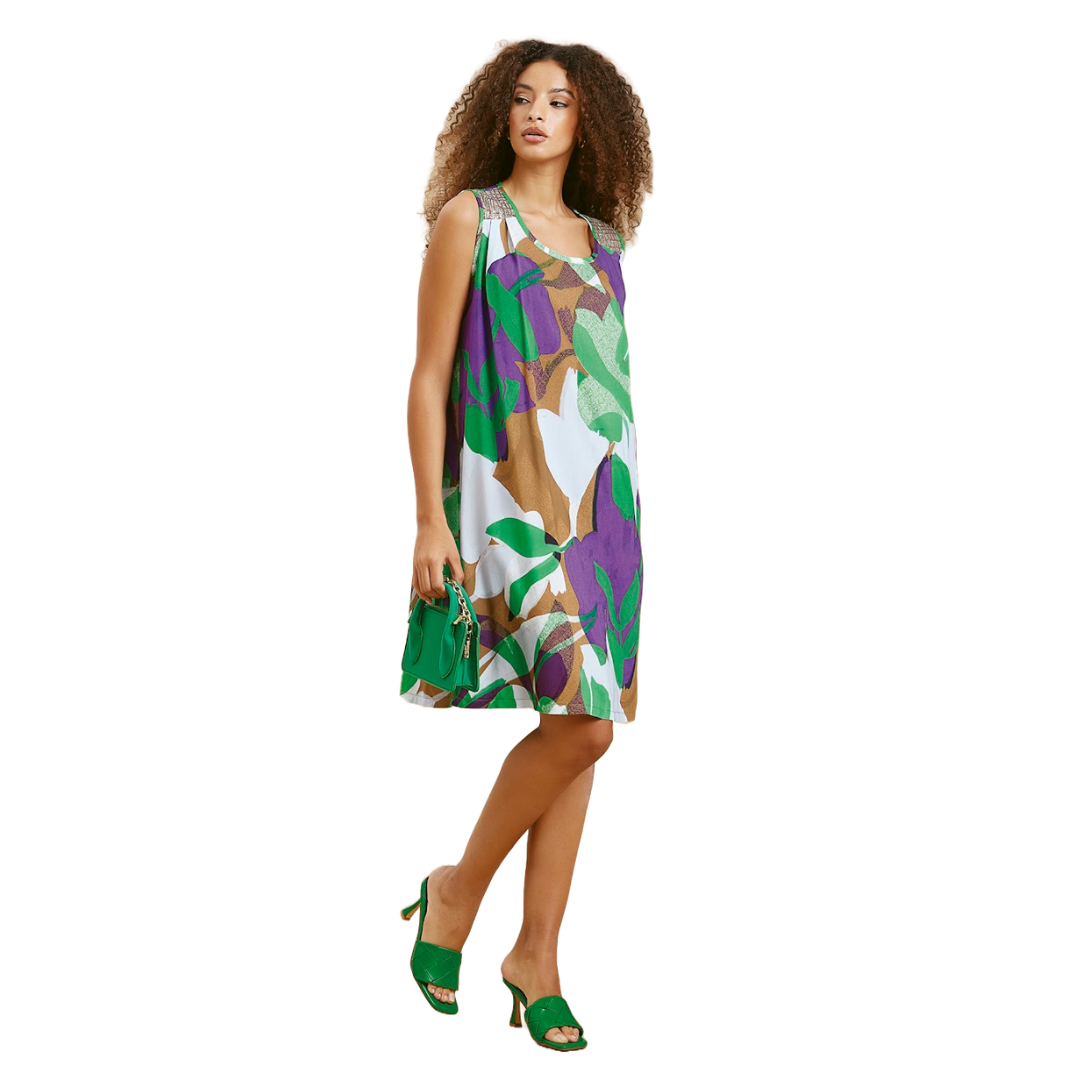 Abito estivo in viscosa fantasia verde/viola con paillettes oro – modello curvy ampio (a1204)
