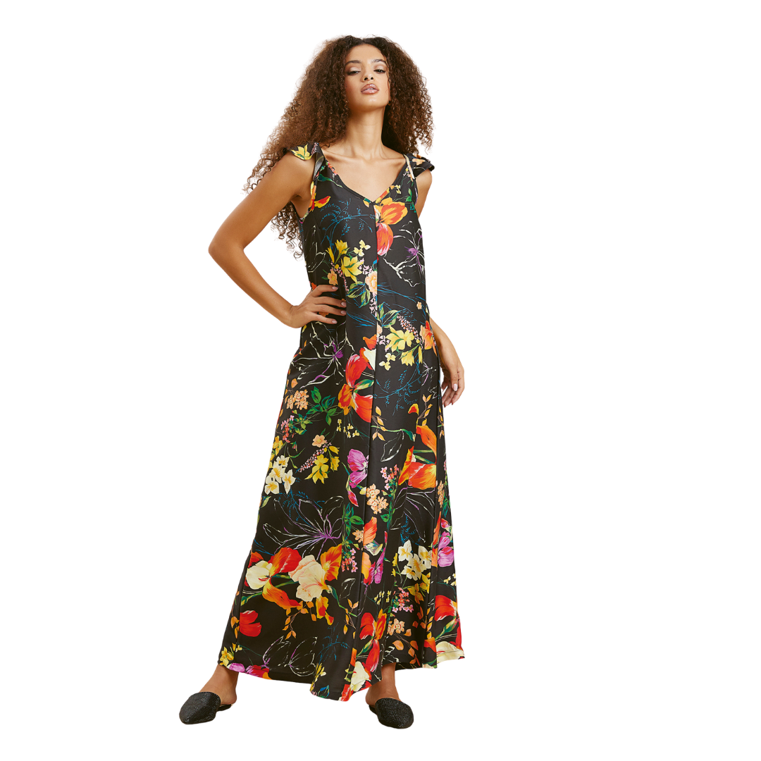 Abito estivo lungo in viscosa fantasia fiorata nera – curvy con spalla e scollo a V (a1230)
