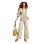 Maglia curvy mezza manica in cotone fantasia celeste/beige – modello svasato (MD406)
